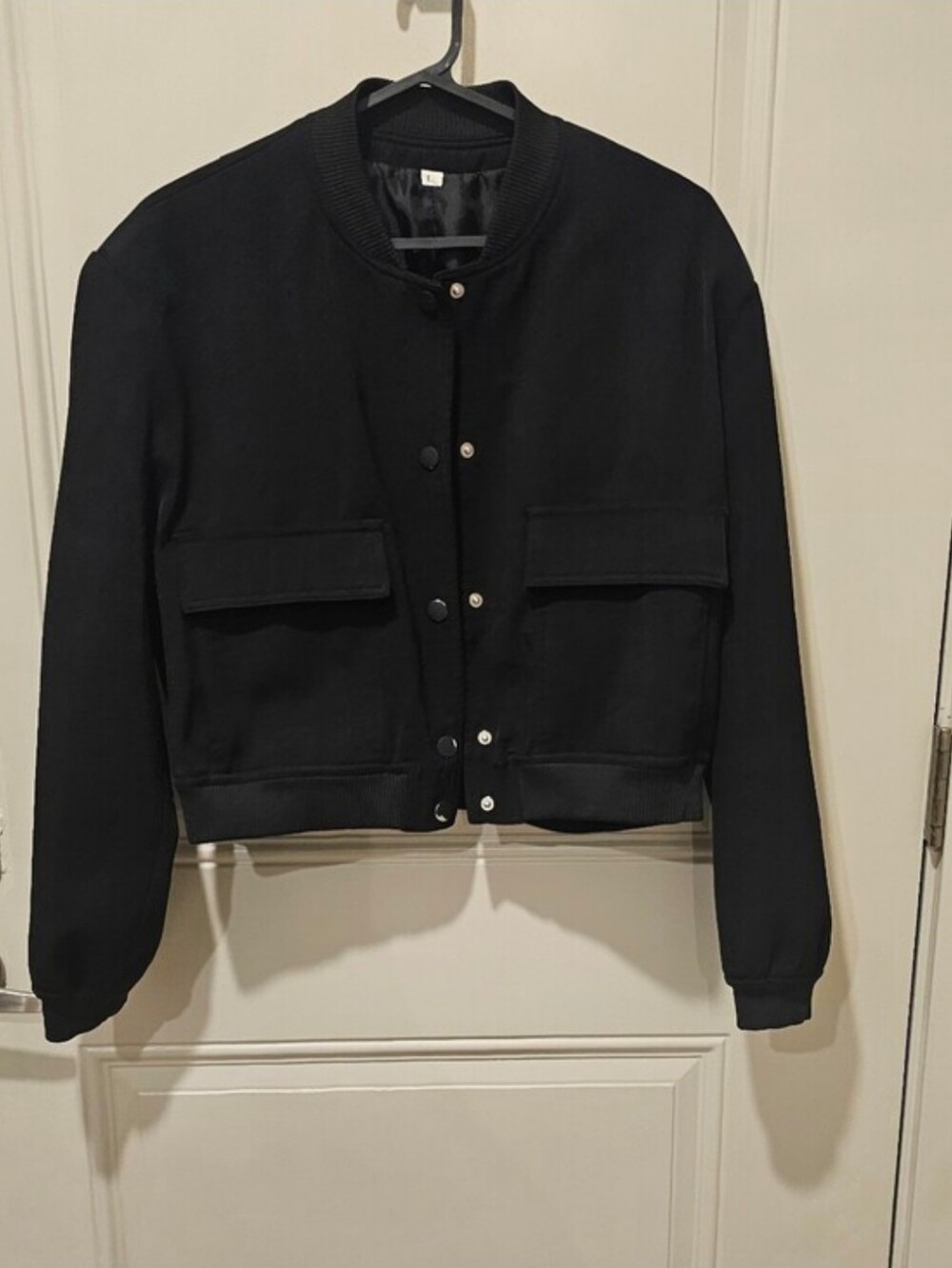 Women's Black Bomber Jacket - Classic Collar Snap Front